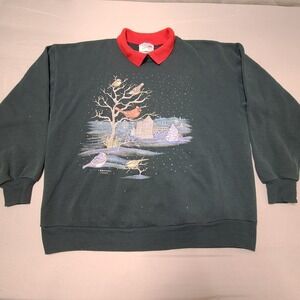 Vintage Morning Sun Bird Scene Sweatshirt XL USA Made Cozy Cabin Nature 90s